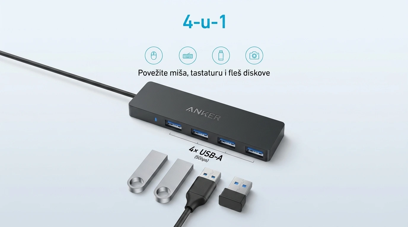 Anker Hub 4-u-1 USB-C 4×USB-A 3.0 5Gbps Crna
