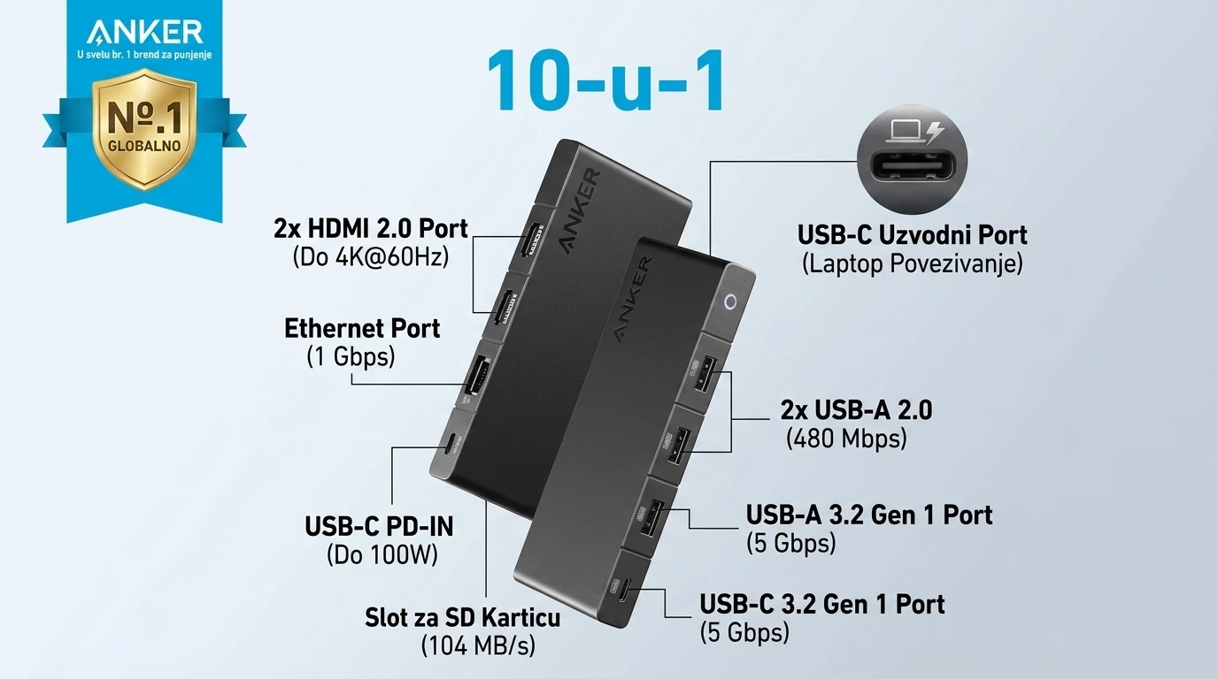 Anker Hub 10-u-1 USB-C 364 2×HDMI/USB-C Data/3xUSB-A/PD-IN/RJ45/SD/USB-C Up Crna