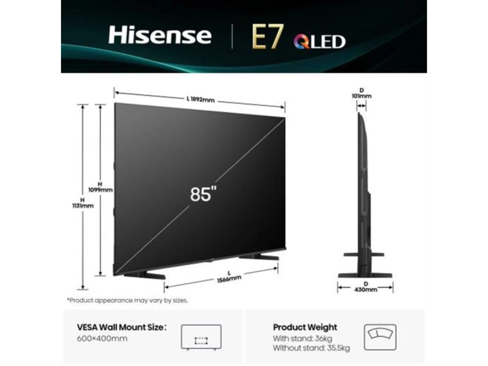 Hisense 85E7Q Smart TV 85" 4K Ultra HD QLED