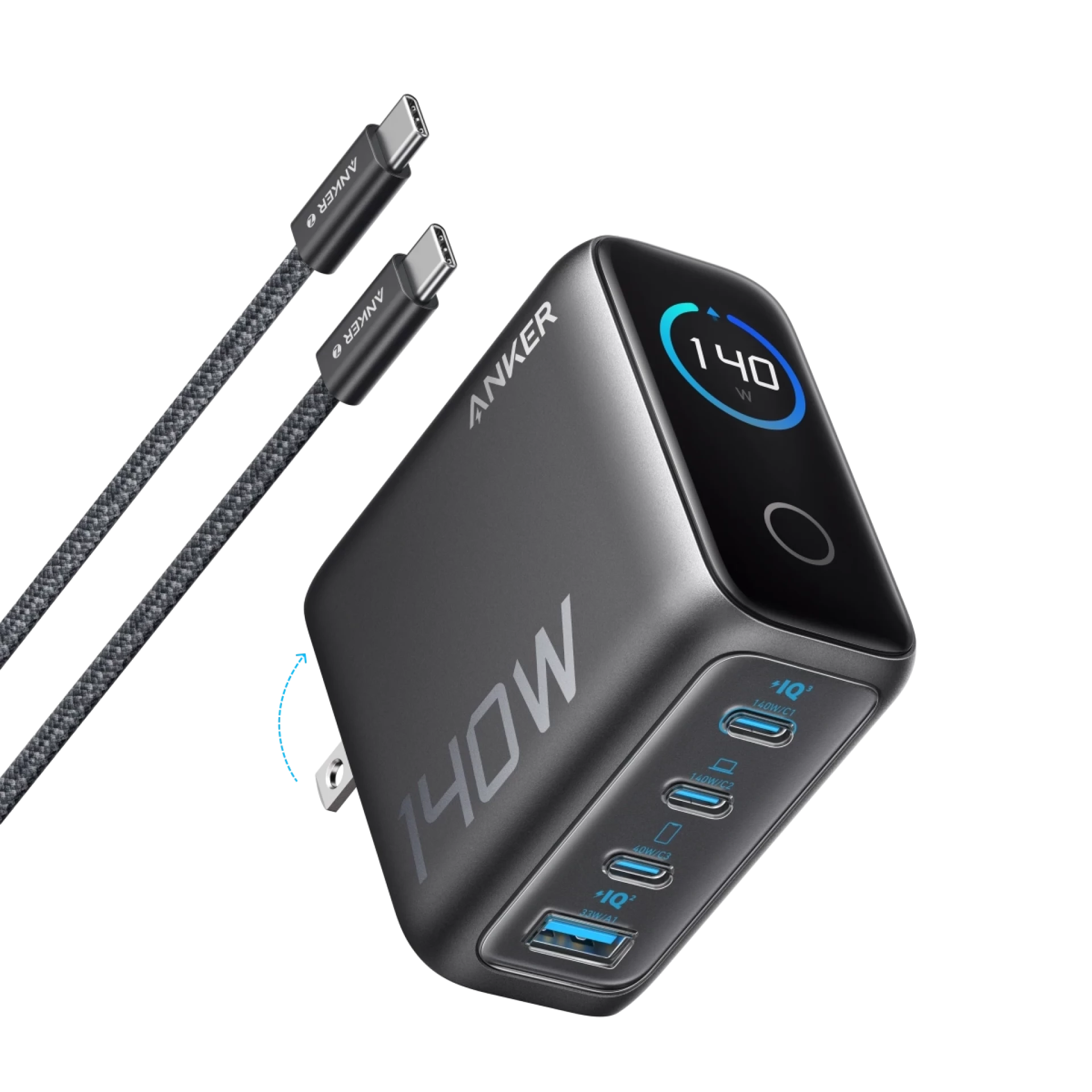 Anker Punjač 140W 4 Porta PD 3.1 sa USB-C Kablovima Tamnosiva
