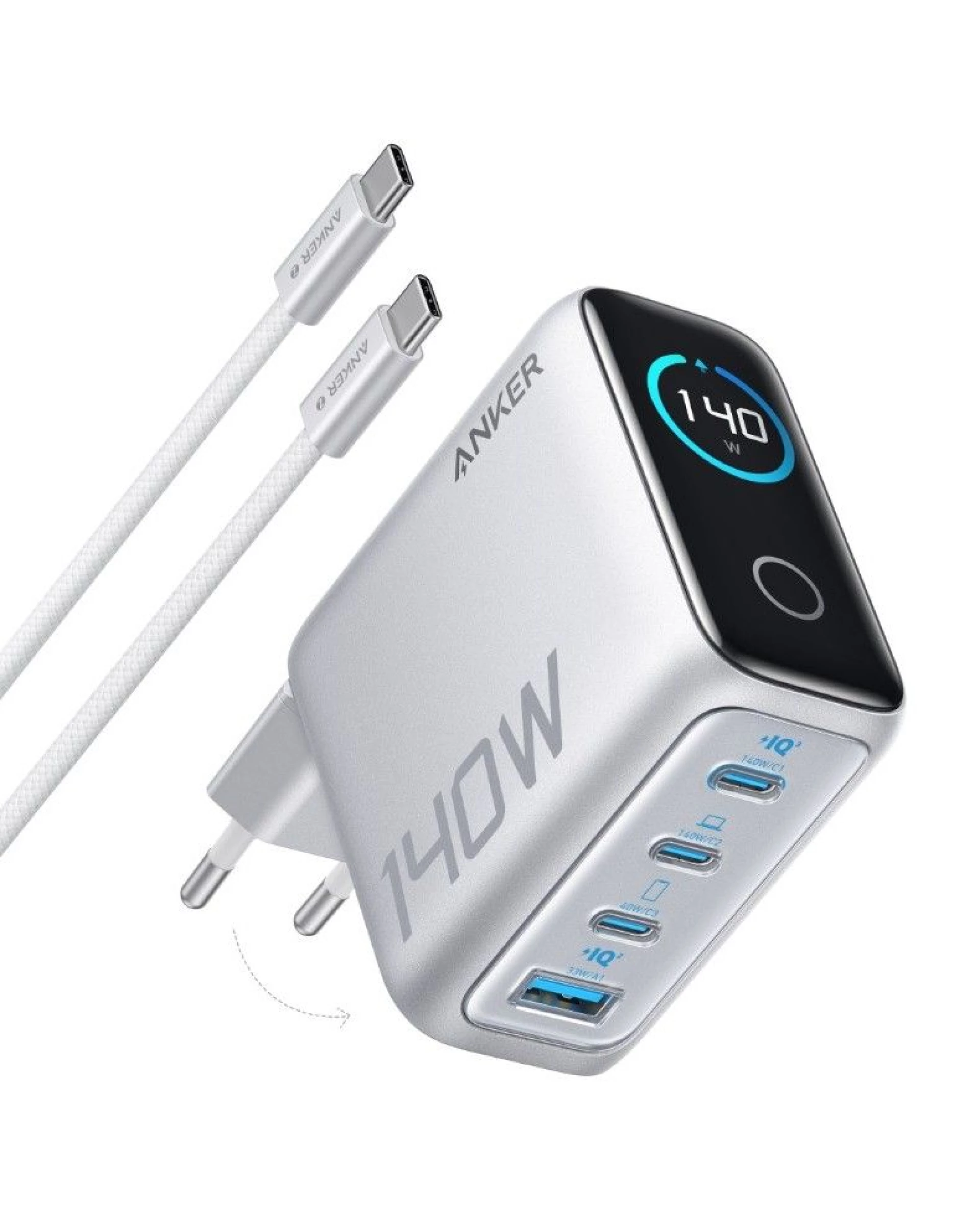 Anker Punjač 140W 4 Porta PD 3.1 sa USB-C Kablovima Svetlosiva