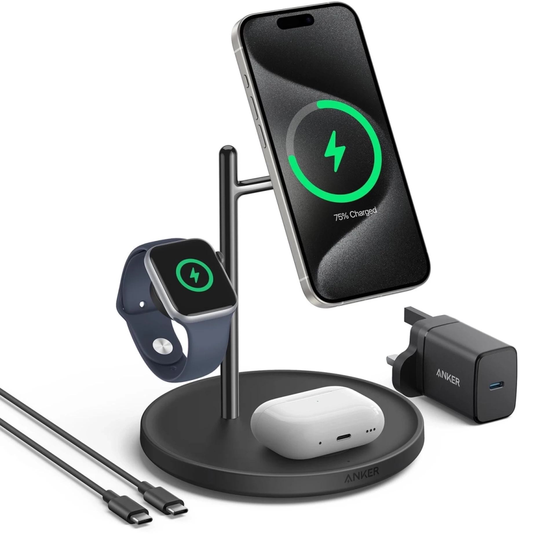 Anker Bežični punjač MagGo 15W Stoni Okrugli 3-u-1 Crna Set