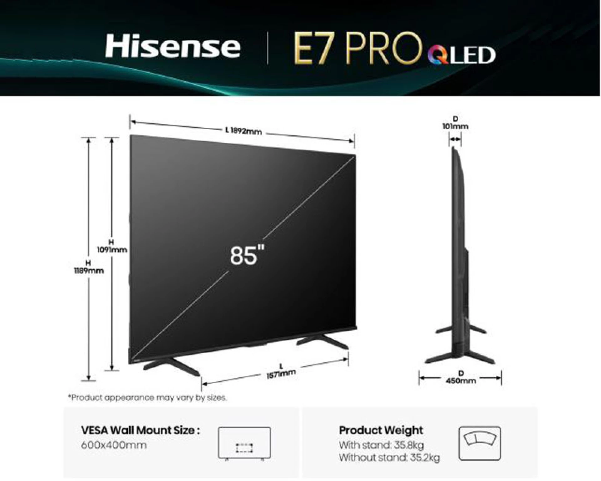 Hisense 85E7Q PRO Smart TV 85" 4K Ultra HD QLED
